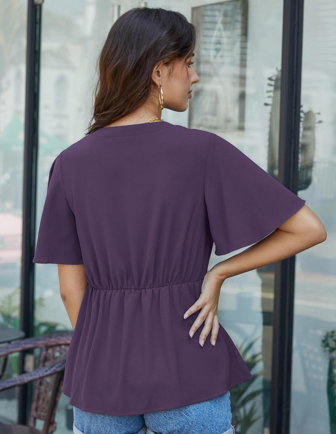 imageGRACE KARIN 2026 Womens Elegant V Neck Peplum Tops Tie Front Short Bell Sleeve Shirts Tops BlousePurple