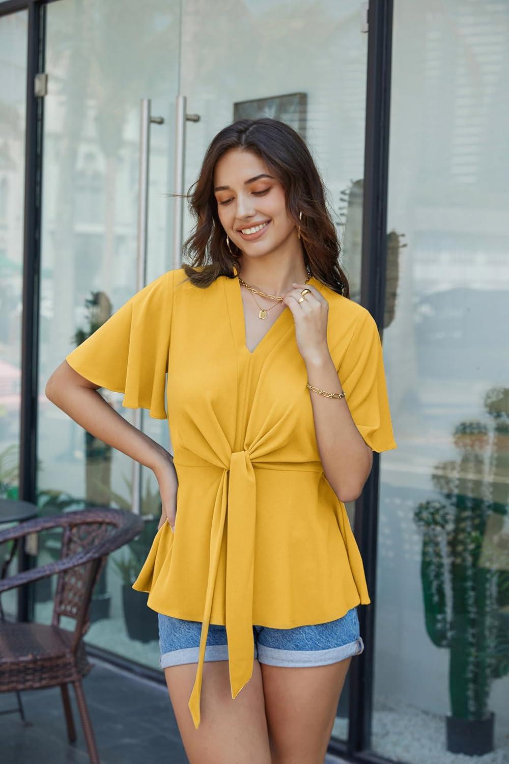 imageGRACE KARIN 2026 Womens Elegant V Neck Peplum Tops Tie Front Short Bell Sleeve Shirts Tops BlouseYellow