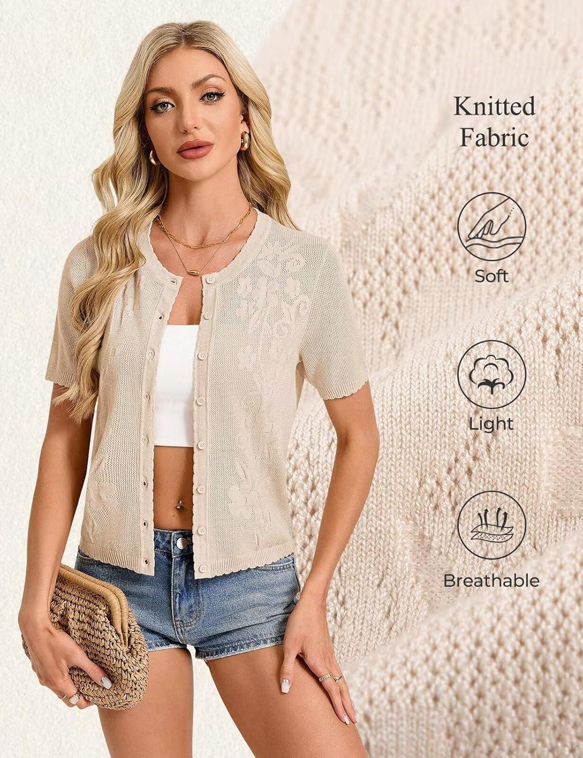 imageGRACE KARIN Cardigan Sweaters for Women Lightweight Short Sleeve Sweater Trendy Crewneck Crochet Shrugs Top for DressBeige