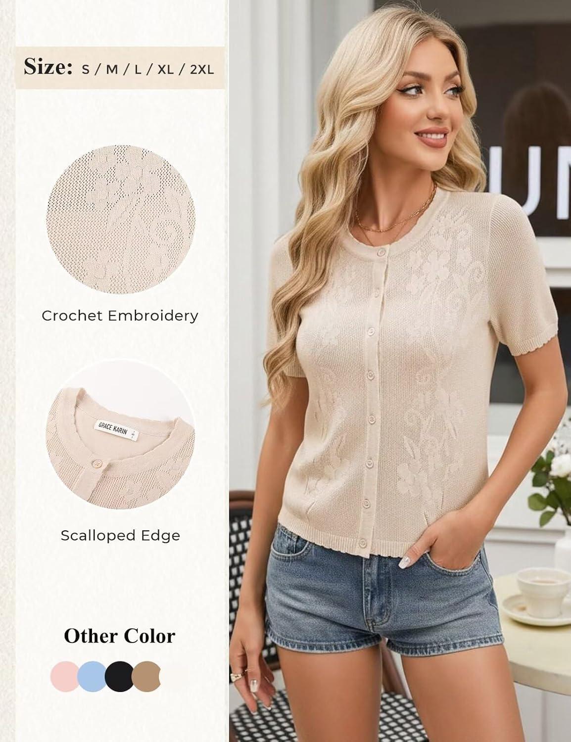 imageGRACE KARIN Cardigan Sweaters for Women Lightweight Short Sleeve Sweater Trendy Crewneck Crochet Shrugs Top for DressBeige