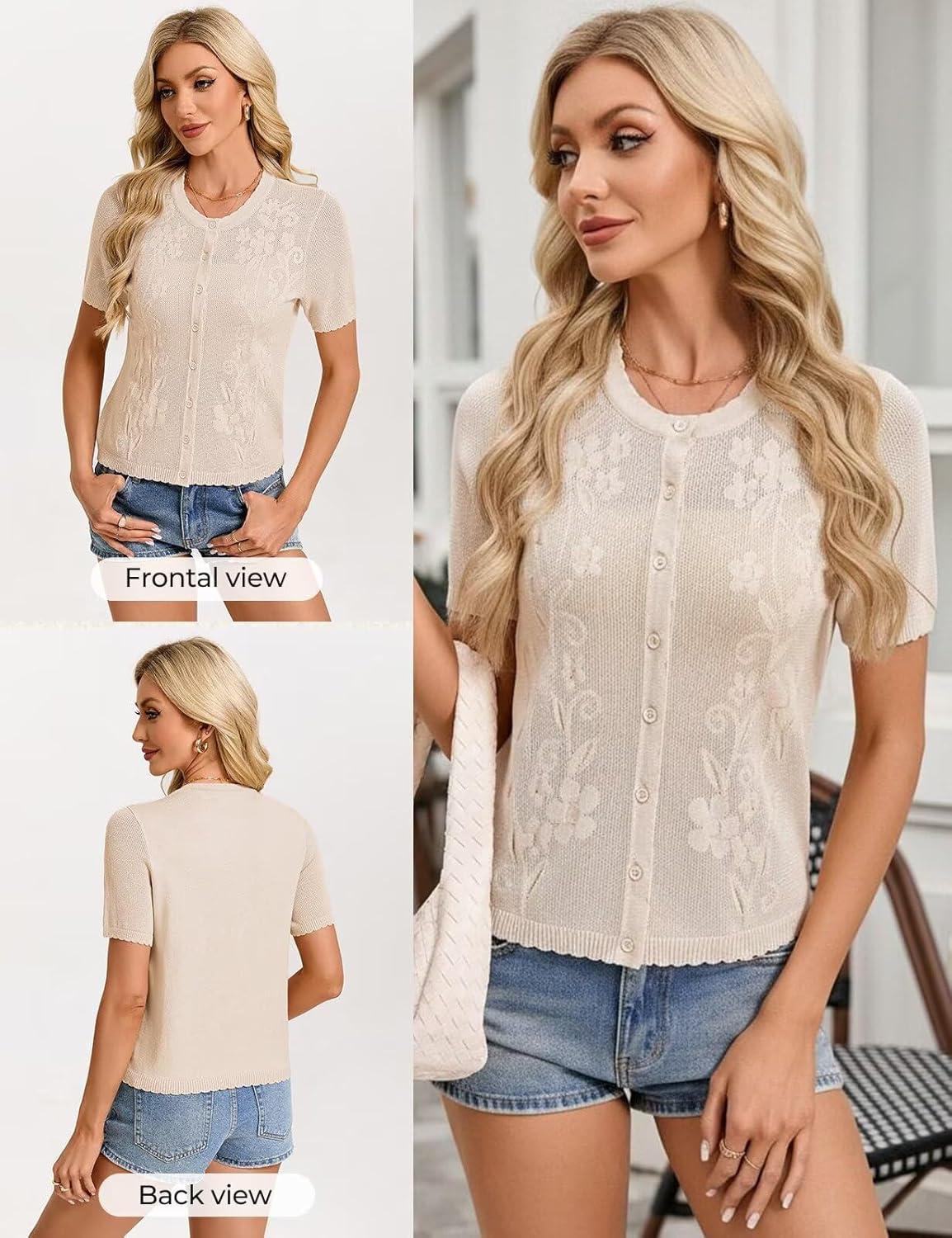 imageGRACE KARIN Cardigan Sweaters for Women Lightweight Short Sleeve Sweater Trendy Crewneck Crochet Shrugs Top for DressBeige