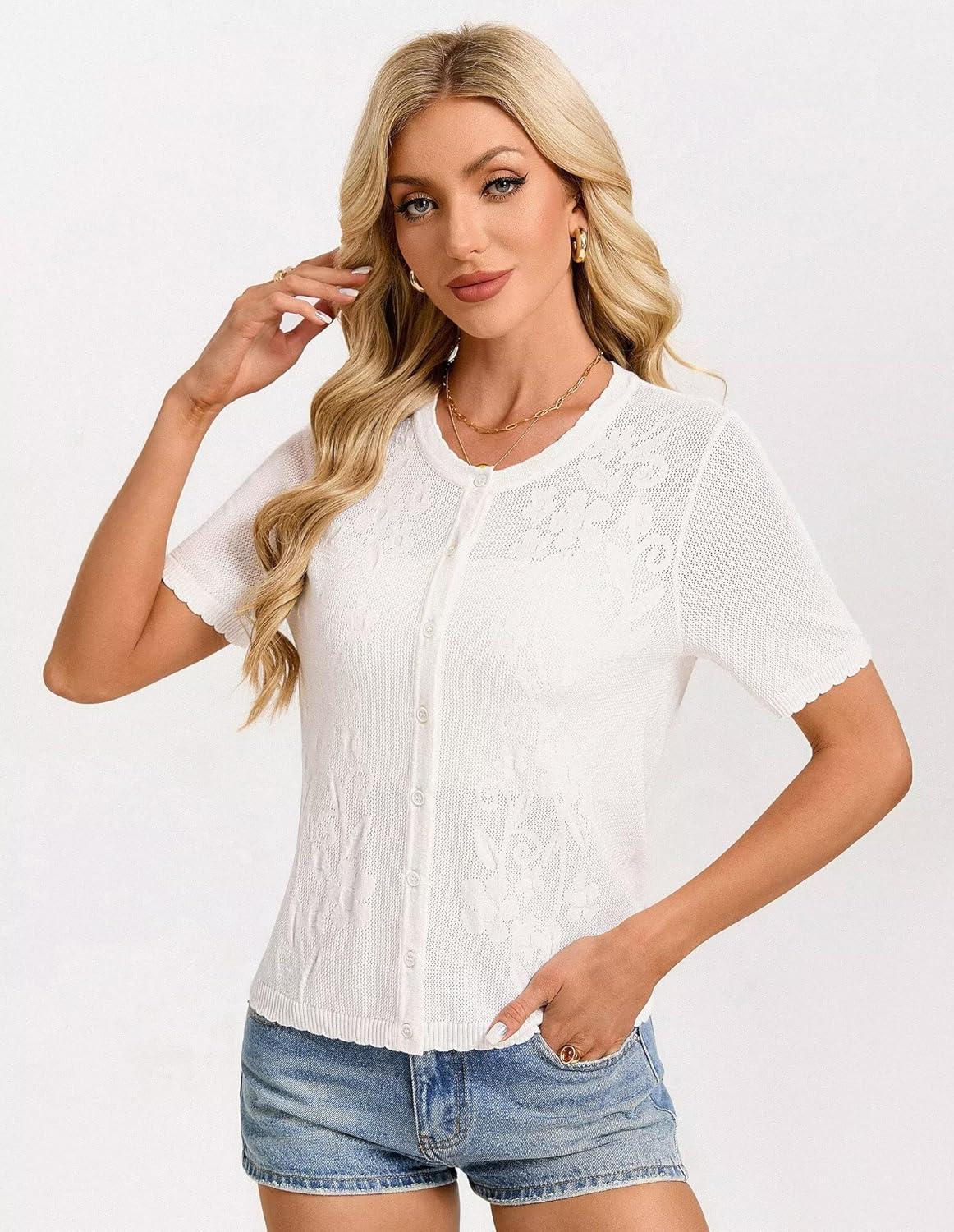 imageGRACE KARIN Cardigan Sweaters for Women Lightweight Short Sleeve Sweater Trendy Crewneck Crochet Shrugs Top for DressIvory