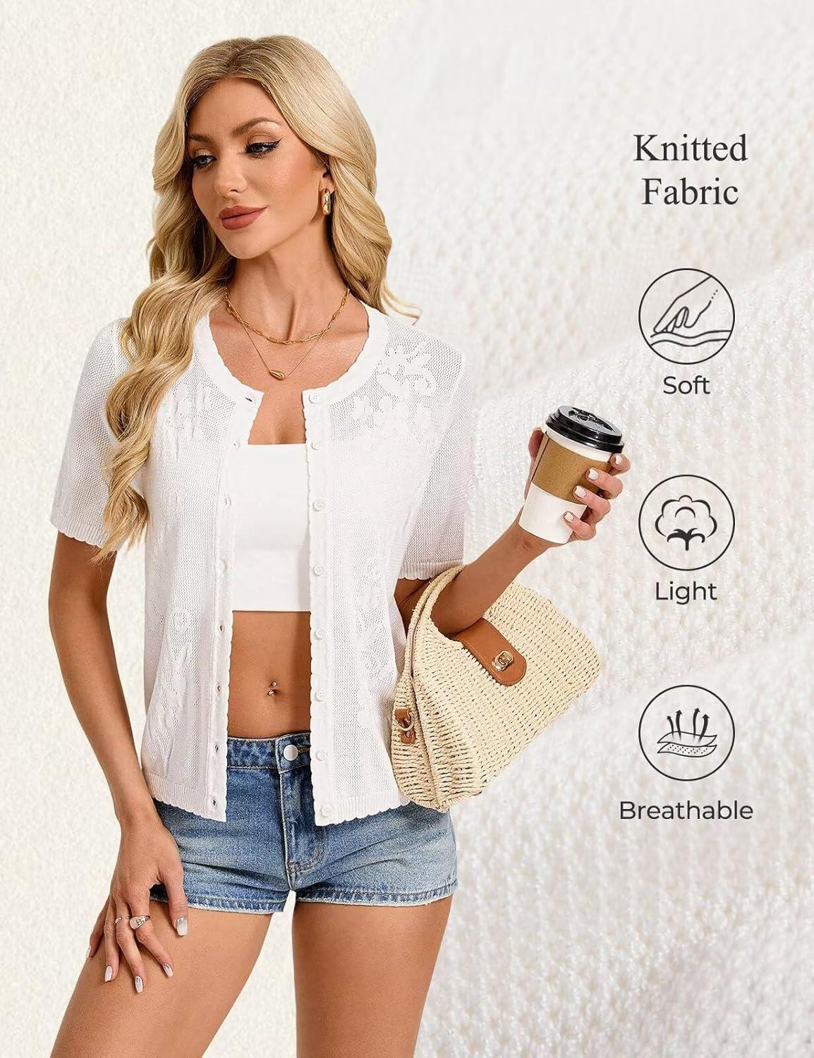 imageGRACE KARIN Cardigan Sweaters for Women Lightweight Short Sleeve Sweater Trendy Crewneck Crochet Shrugs Top for DressIvory