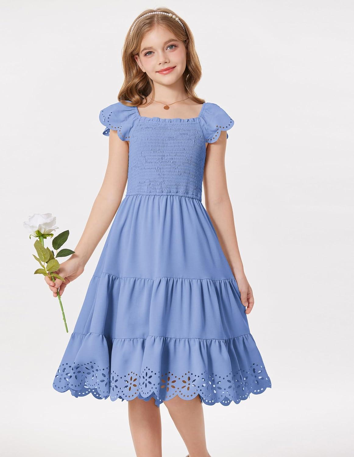 imageGRACE KARIN Girls Dress Flutter Sleeve ALine Sundress Summer Casual Party Midi Dresses for 512 Years KidsBlue