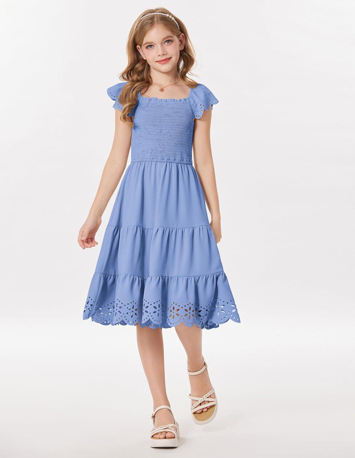 imageGRACE KARIN Girls Dress Flutter Sleeve ALine Sundress Summer Casual Party Midi Dresses for 512 Years KidsBlue