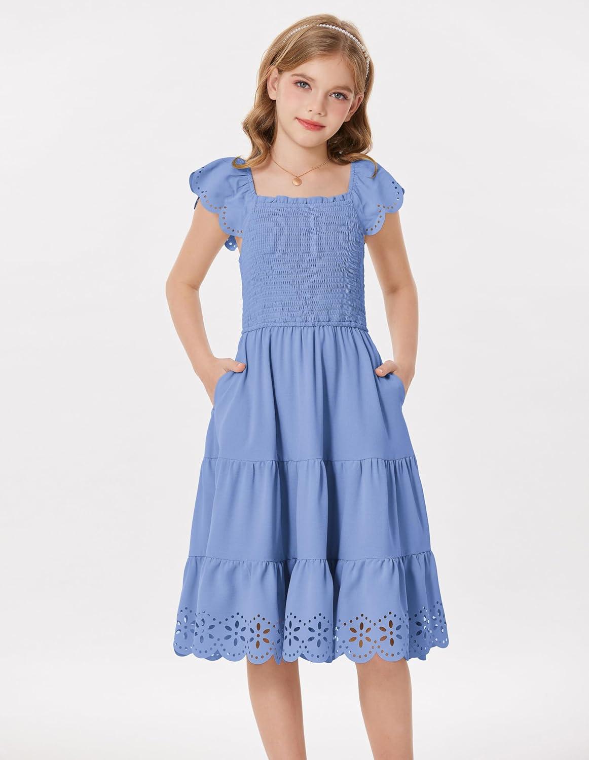 imageGRACE KARIN Girls Dress Flutter Sleeve ALine Sundress Summer Casual Party Midi Dresses for 512 Years KidsBlue