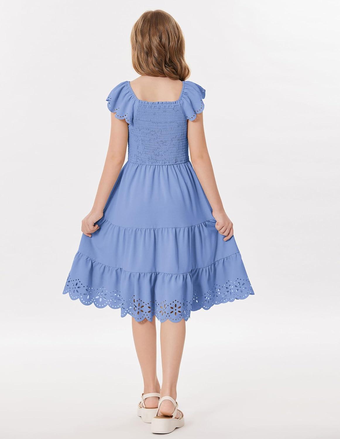 imageGRACE KARIN Girls Dress Flutter Sleeve ALine Sundress Summer Casual Party Midi Dresses for 512 Years KidsBlue