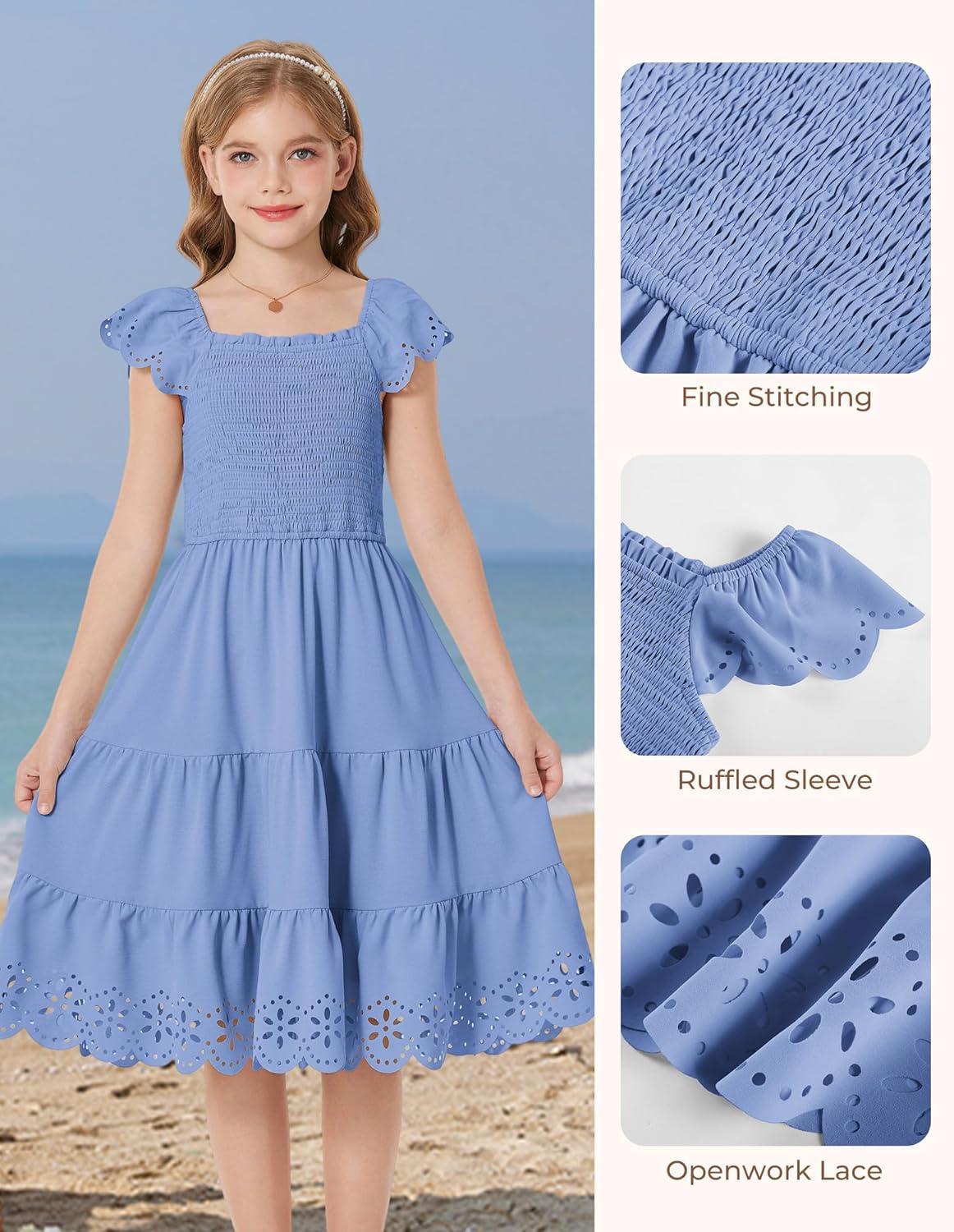 imageGRACE KARIN Girls Dress Flutter Sleeve ALine Sundress Summer Casual Party Midi Dresses for 512 Years KidsBlue