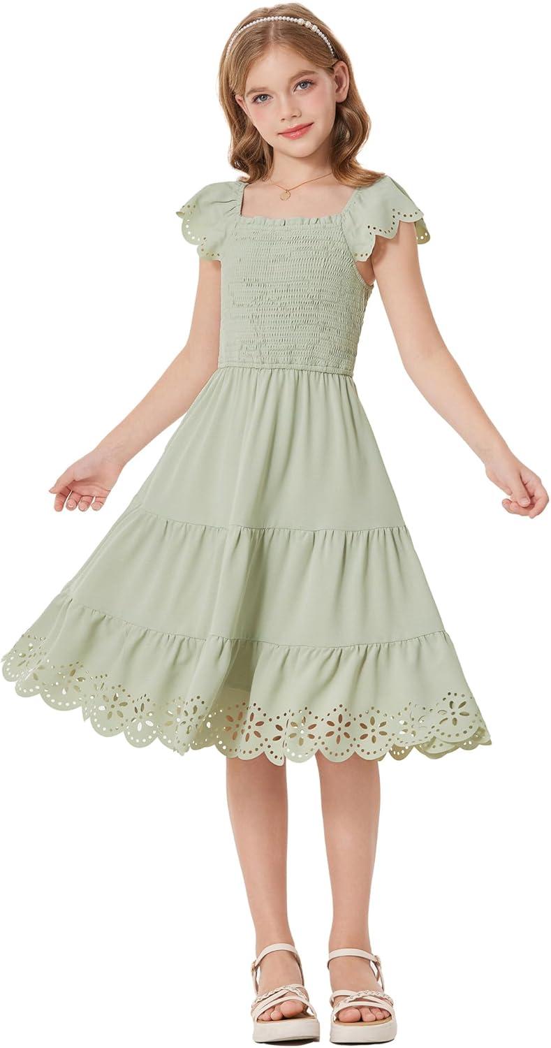 imageGRACE KARIN Girls Dress Flutter Sleeve ALine Sundress Summer Casual Party Midi Dresses for 512 Years KidsGreen