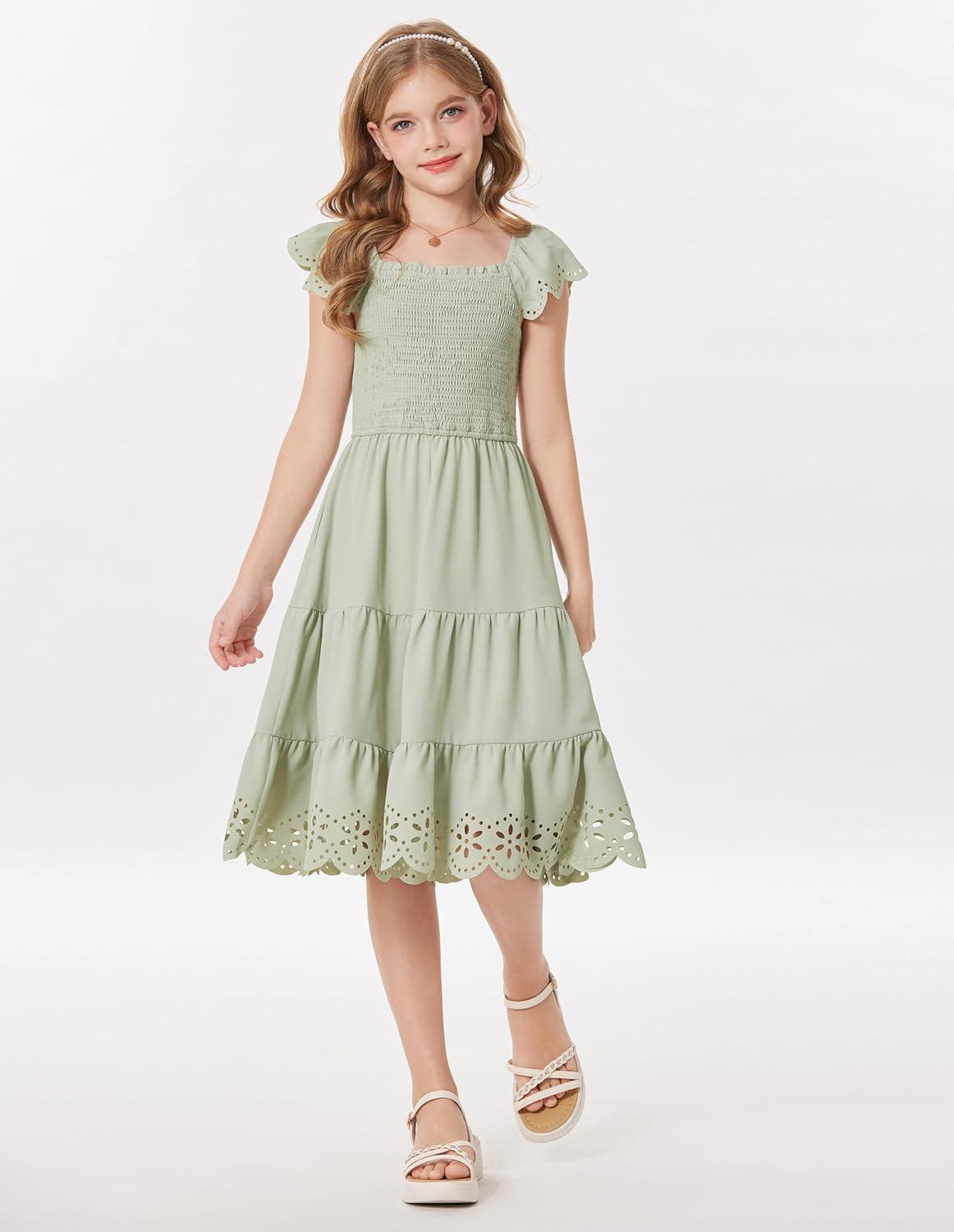 imageGRACE KARIN Girls Dress Flutter Sleeve ALine Sundress Summer Casual Party Midi Dresses for 512 Years KidsGreen