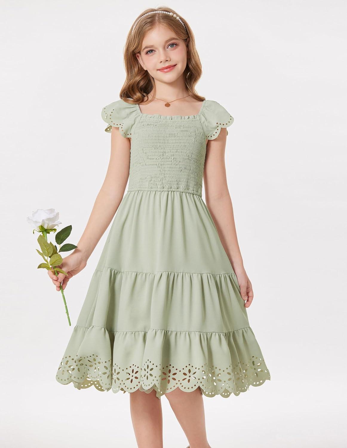 imageGRACE KARIN Girls Dress Flutter Sleeve ALine Sundress Summer Casual Party Midi Dresses for 512 Years KidsGreen