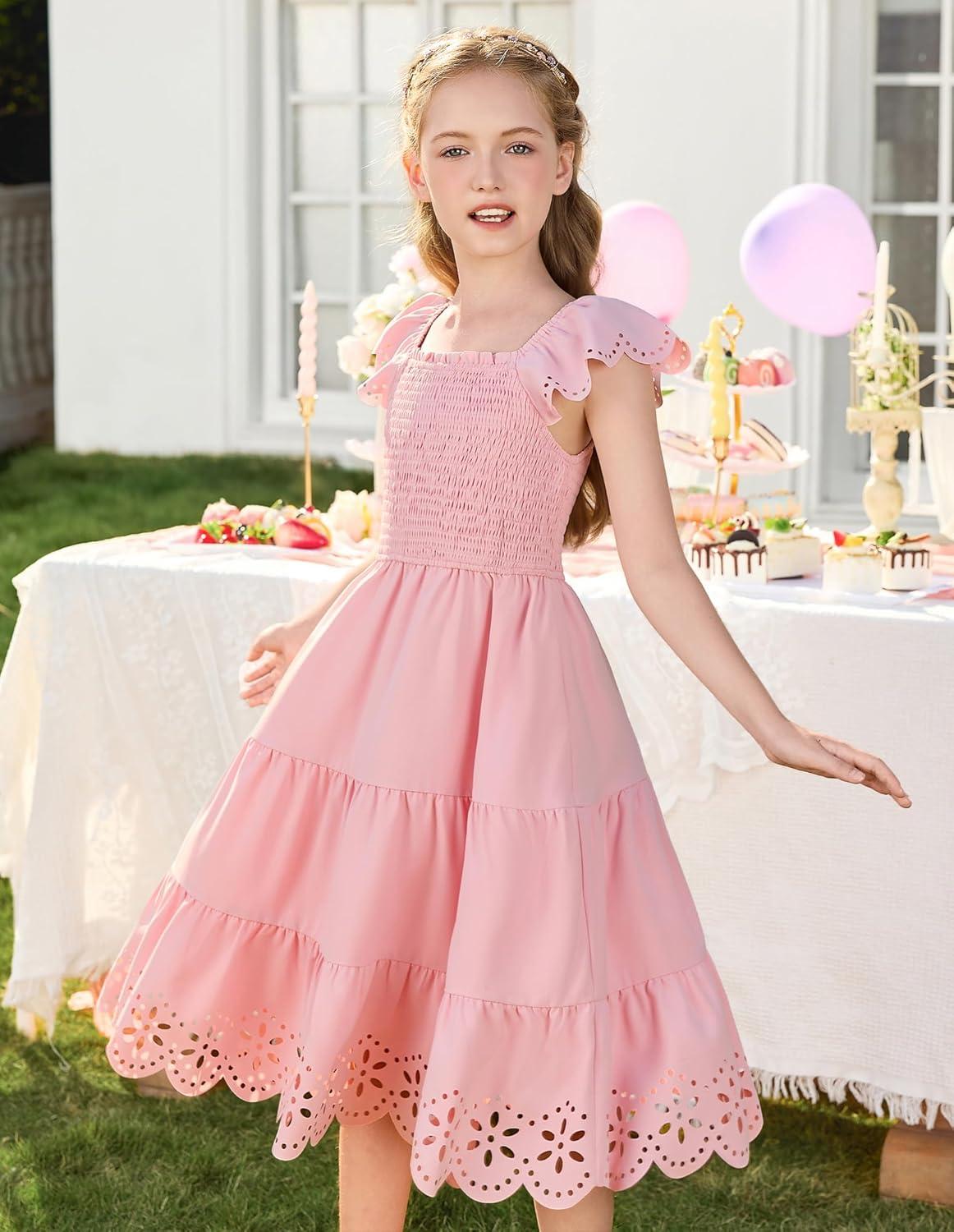 imageGRACE KARIN Girls Dress Flutter Sleeve ALine Sundress Summer Casual Party Midi Dresses for 512 Years KidsPink