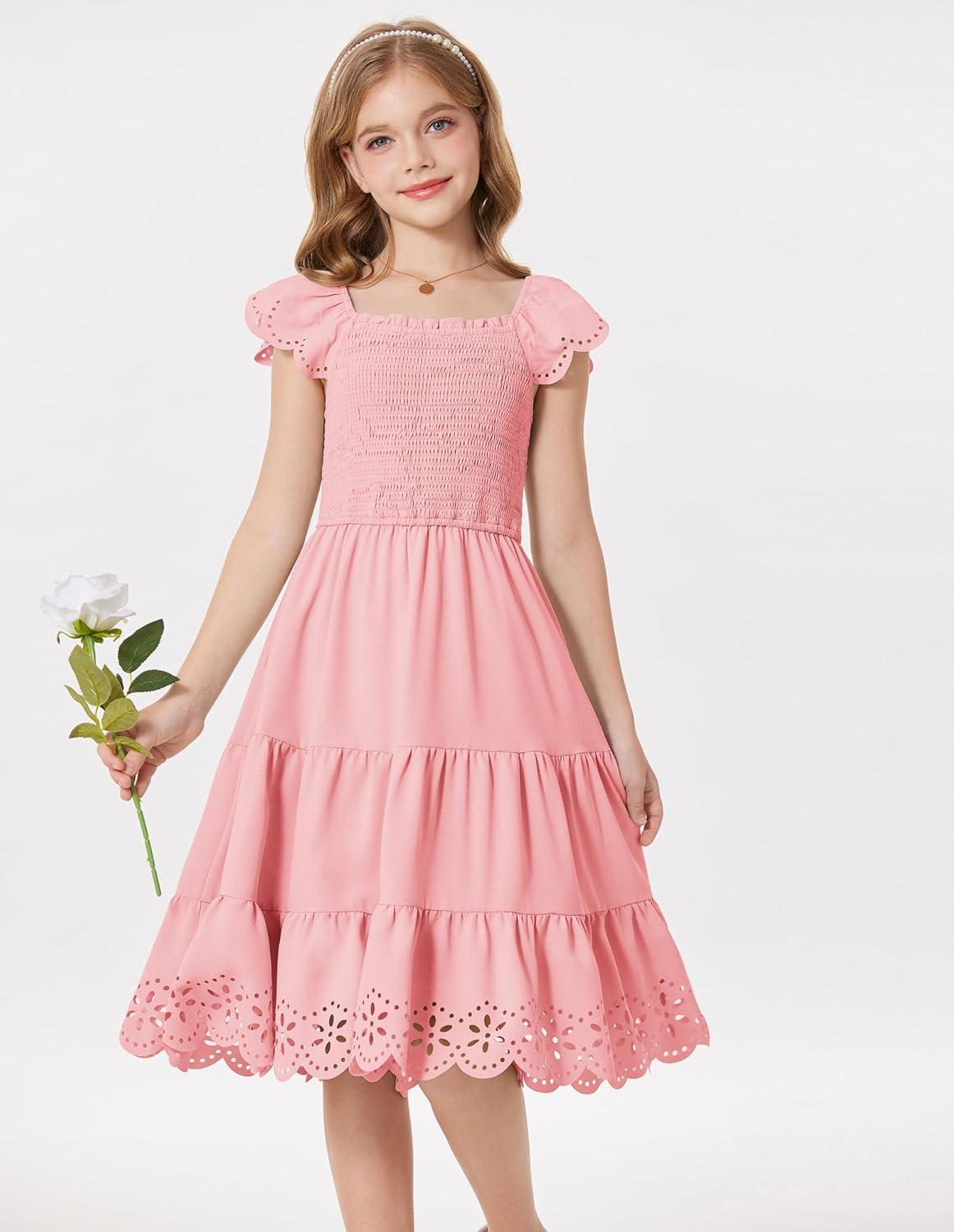 imageGRACE KARIN Girls Dress Flutter Sleeve ALine Sundress Summer Casual Party Midi Dresses for 512 Years KidsPink