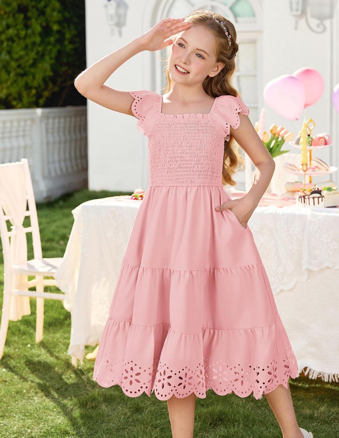 imageGRACE KARIN Girls Dress Flutter Sleeve ALine Sundress Summer Casual Party Midi Dresses for 512 Years KidsPink
