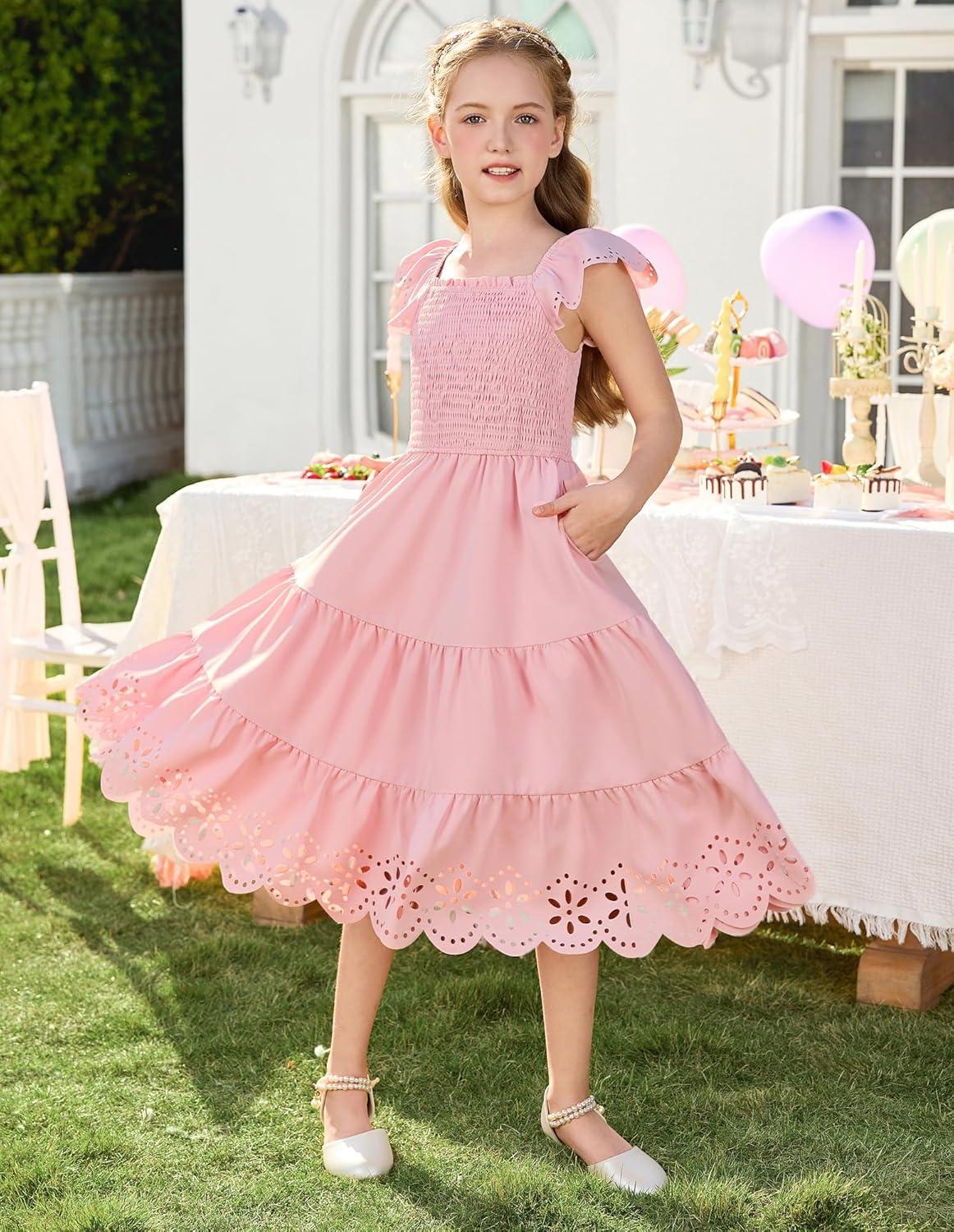 imageGRACE KARIN Girls Dress Flutter Sleeve ALine Sundress Summer Casual Party Midi Dresses for 512 Years KidsPink