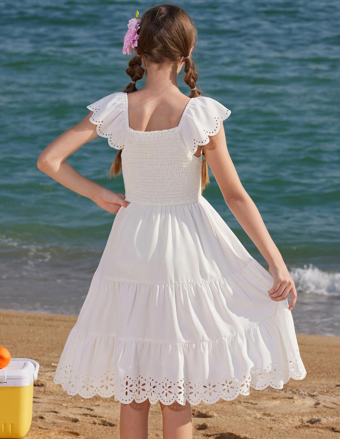 imageGRACE KARIN Girls Dress Flutter Sleeve ALine Sundress Summer Casual Party Midi Dresses for 512 Years KidsWhite