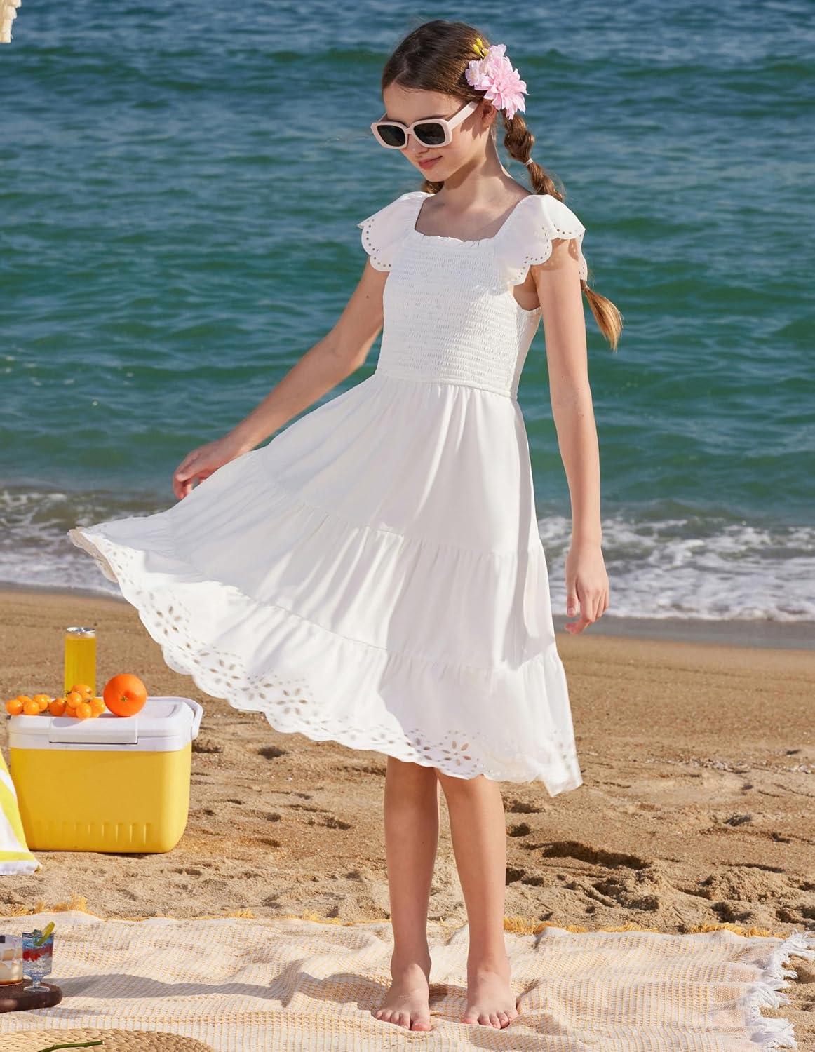 imageGRACE KARIN Girls Dress Flutter Sleeve ALine Sundress Summer Casual Party Midi Dresses for 512 Years KidsWhite