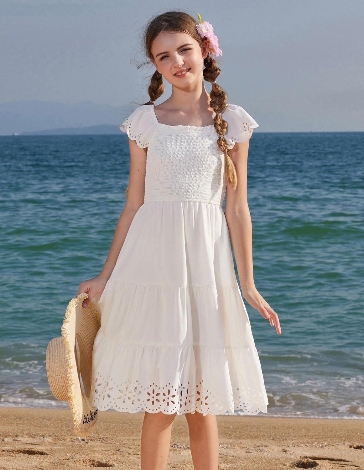 imageGRACE KARIN Girls Dress Flutter Sleeve ALine Sundress Summer Casual Party Midi Dresses for 512 Years KidsWhite