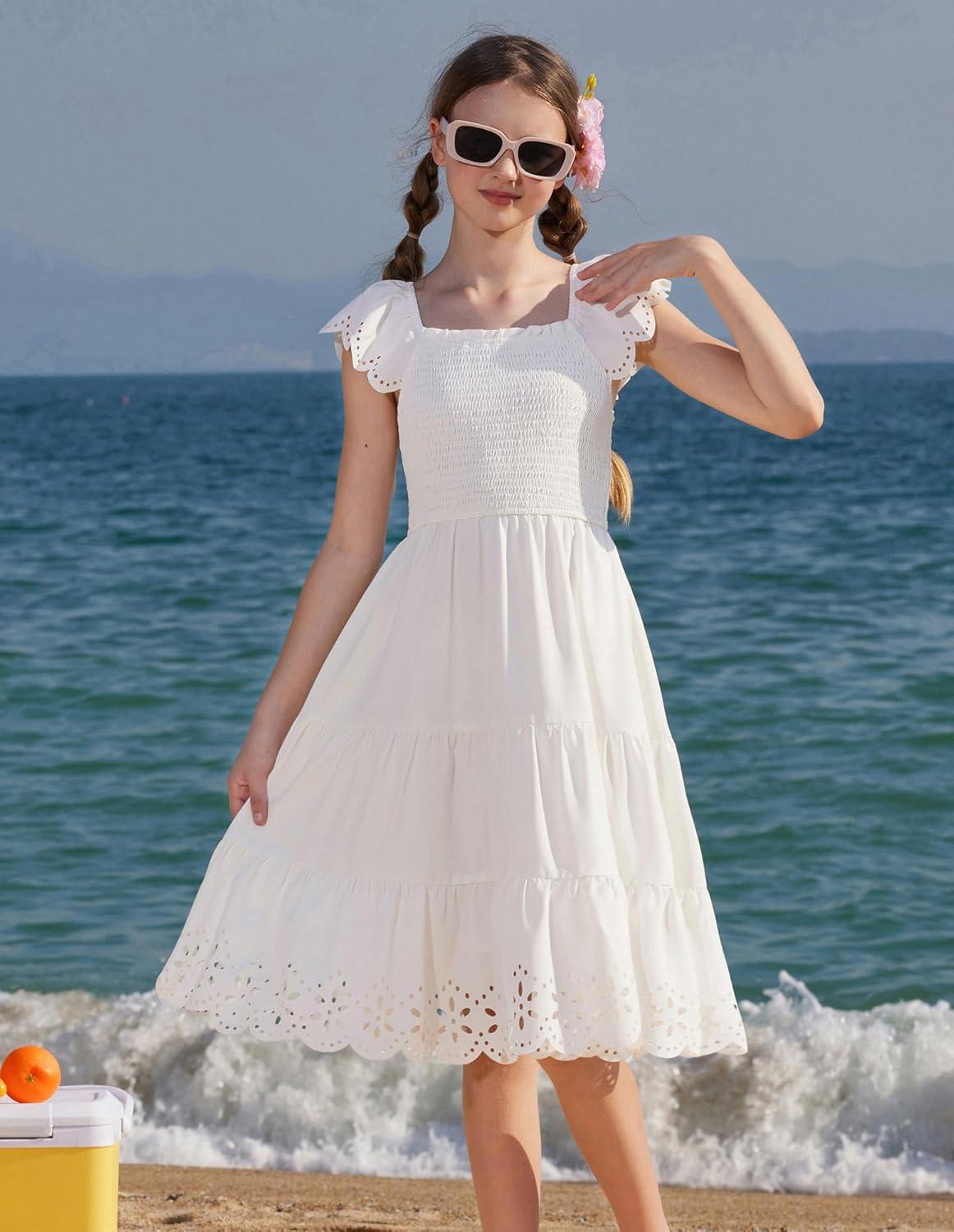 imageGRACE KARIN Girls Dress Flutter Sleeve ALine Sundress Summer Casual Party Midi Dresses for 512 Years KidsWhite