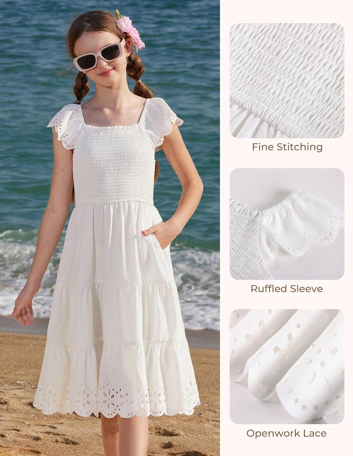 imageGRACE KARIN Girls Dress Flutter Sleeve ALine Sundress Summer Casual Party Midi Dresses for 512 Years KidsWhite