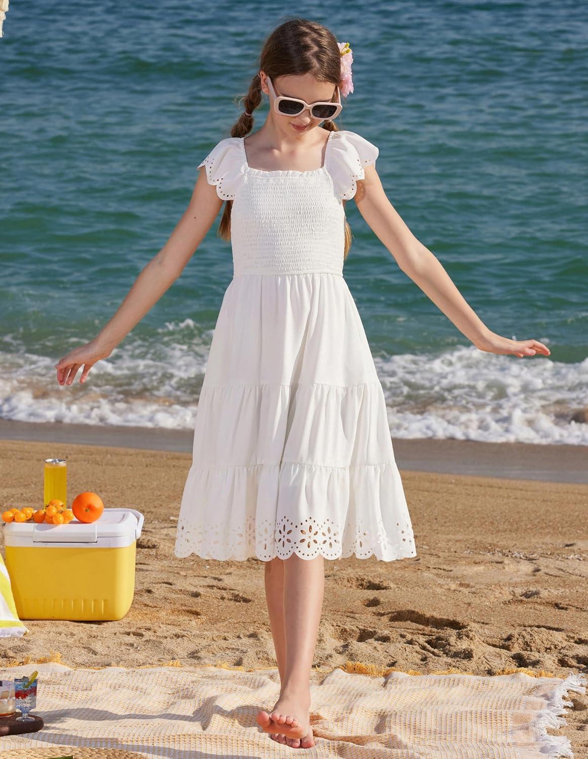 imageGRACE KARIN Girls Dress Flutter Sleeve ALine Sundress Summer Casual Party Midi Dresses for 512 Years KidsWhite