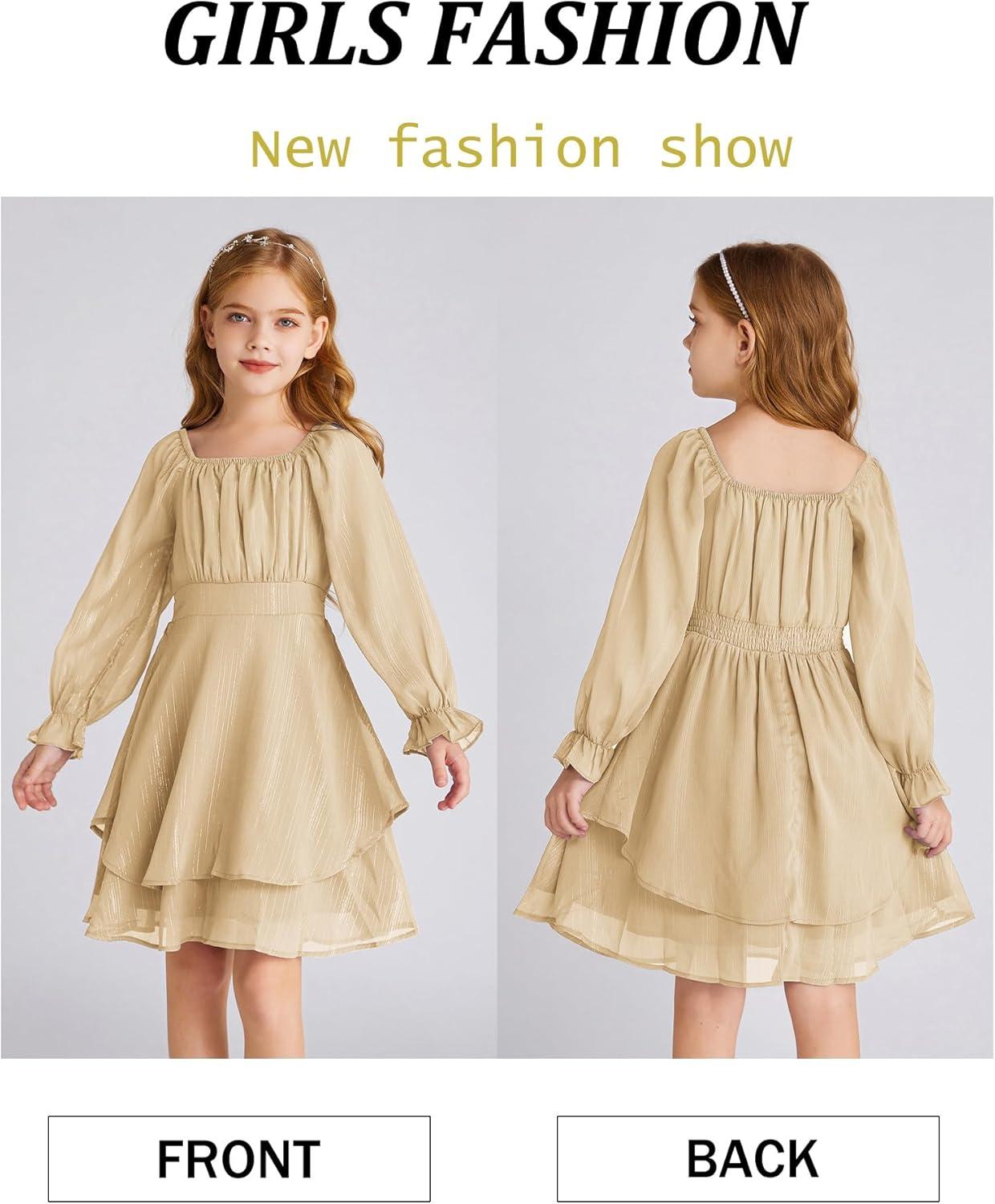 imageGRACE KARIN Girls Fall Dress Long Sleeve Casual Dresses Square Neck Ruffle Tiered Layer Aline Dress 512YApricot