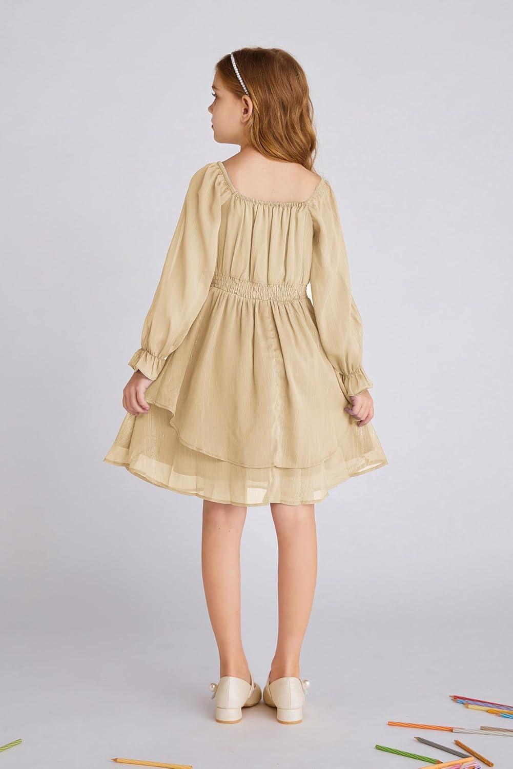 imageGRACE KARIN Girls Fall Dress Long Sleeve Casual Dresses Square Neck Ruffle Tiered Layer Aline Dress 512YApricot