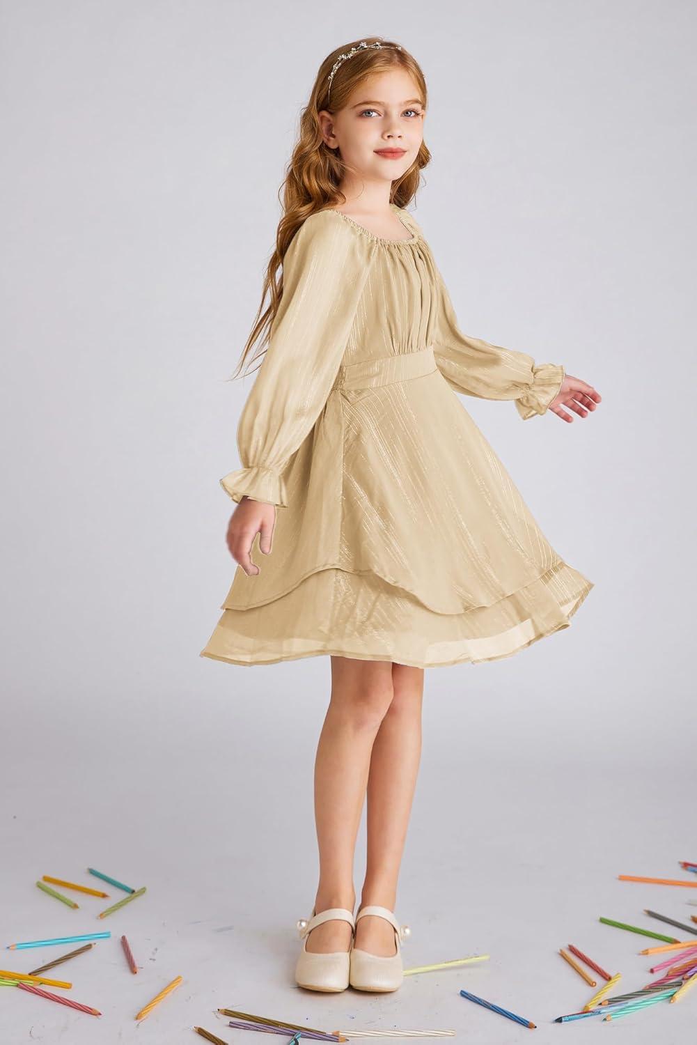 imageGRACE KARIN Girls Fall Dress Long Sleeve Casual Dresses Square Neck Ruffle Tiered Layer Aline Dress 512YApricot