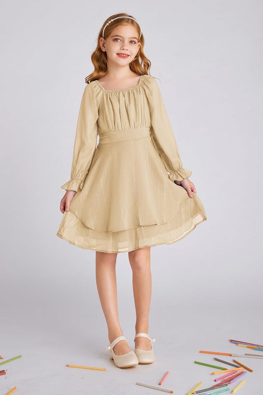 imageGRACE KARIN Girls Fall Dress Long Sleeve Casual Dresses Square Neck Ruffle Tiered Layer Aline Dress 512YApricot