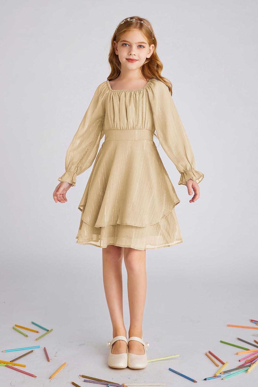 imageGRACE KARIN Girls Fall Dress Long Sleeve Casual Dresses Square Neck Ruffle Tiered Layer Aline Dress 512YApricot