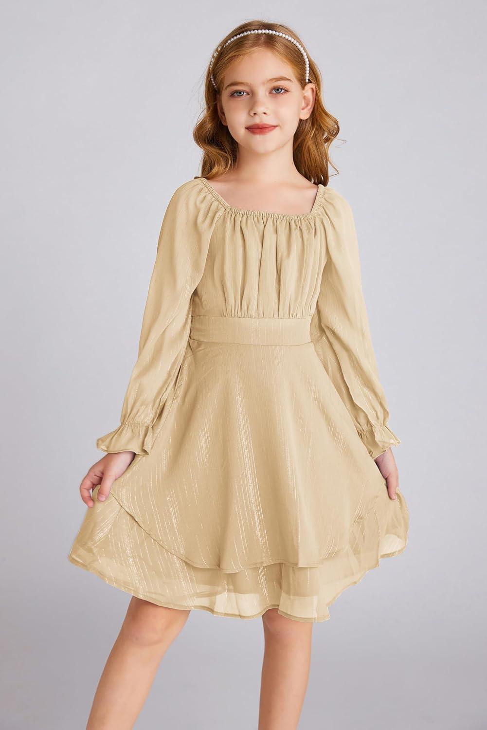 imageGRACE KARIN Girls Fall Dress Long Sleeve Casual Dresses Square Neck Ruffle Tiered Layer Aline Dress 512YApricot