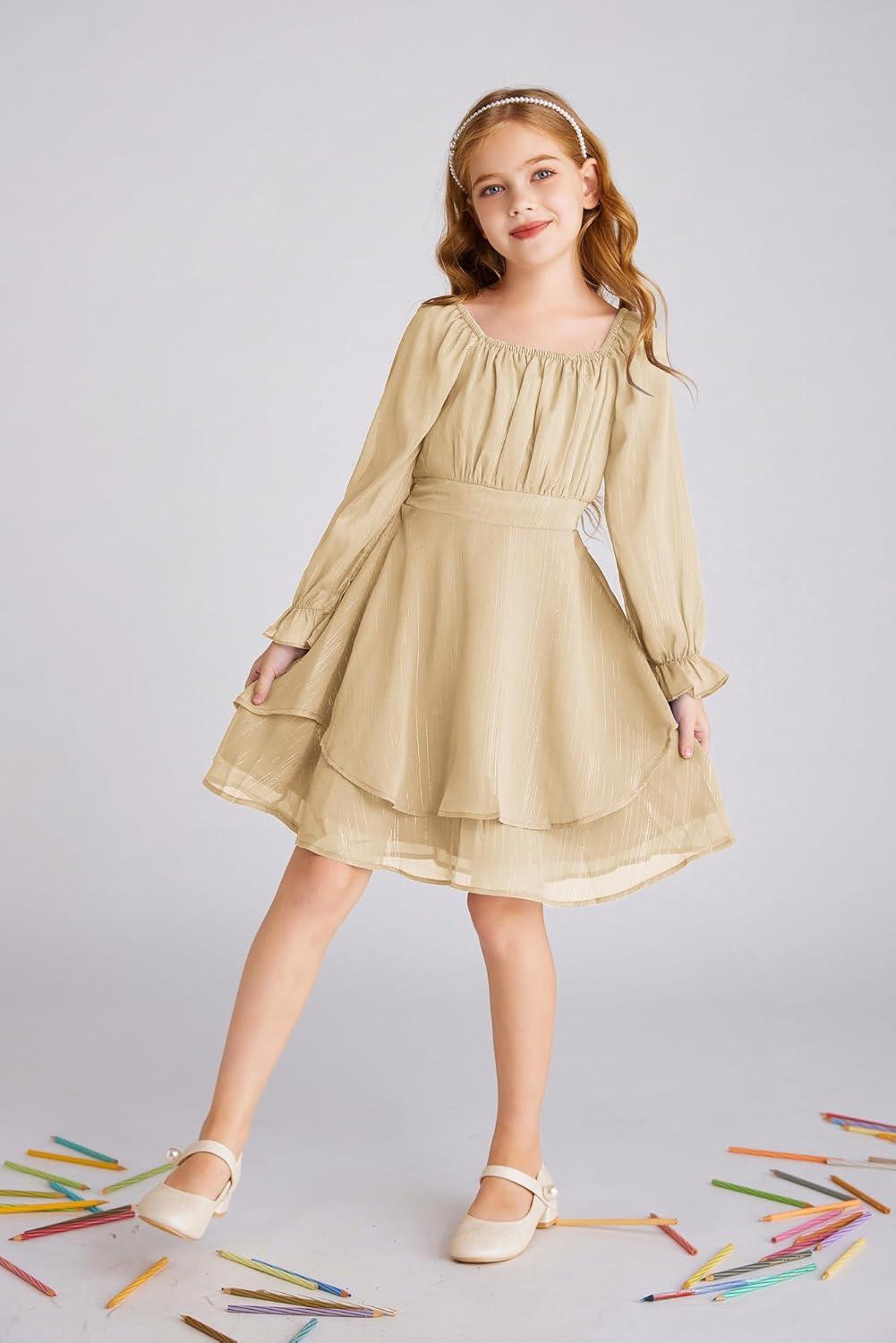 imageGRACE KARIN Girls Fall Dress Long Sleeve Casual Dresses Square Neck Ruffle Tiered Layer Aline Dress 512YApricot