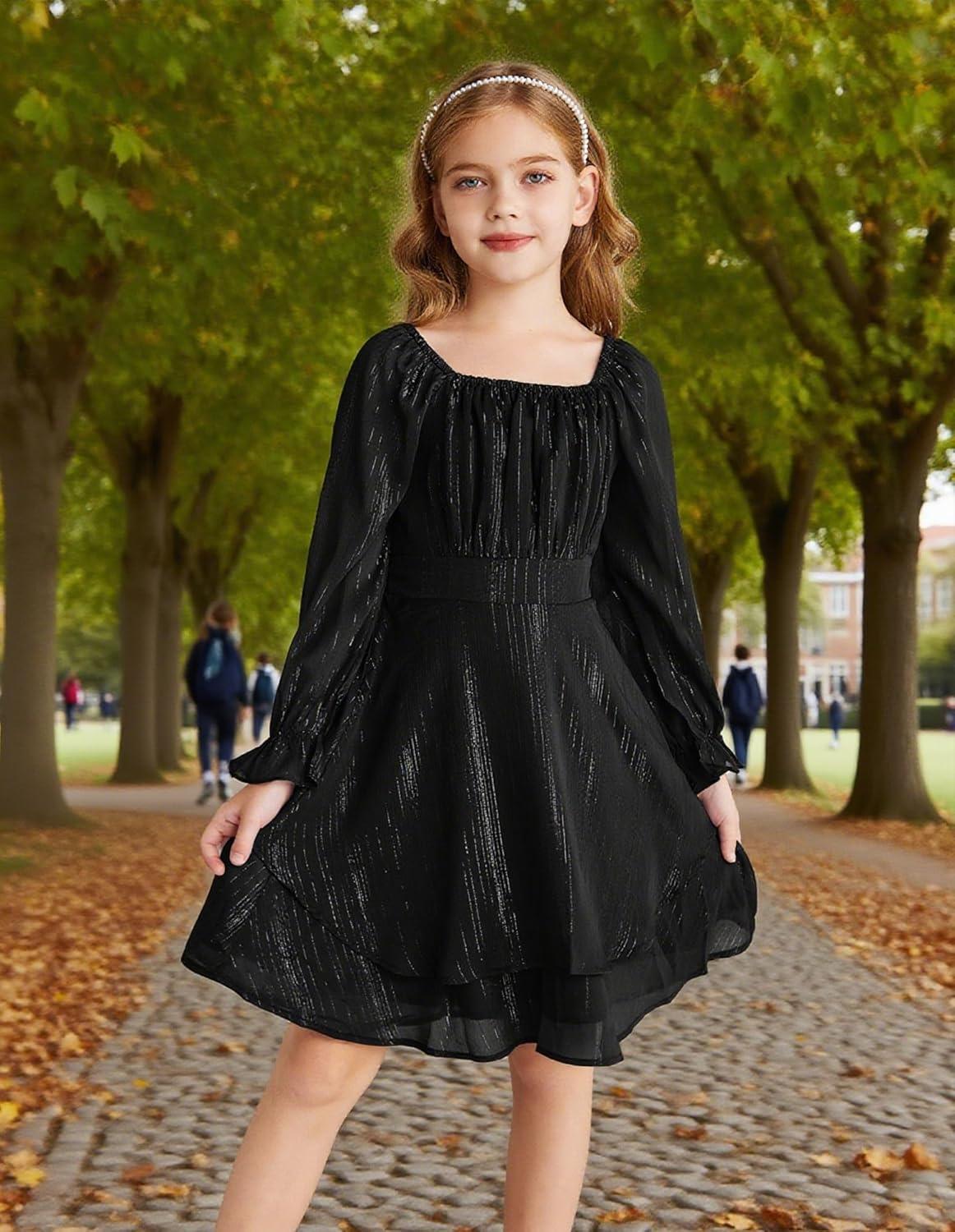 imageGRACE KARIN Girls Fall Dress Long Sleeve Casual Dresses Square Neck Ruffle Tiered Layer Aline Dress 512YBlack