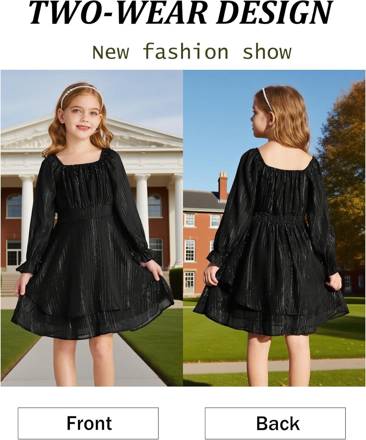 imageGRACE KARIN Girls Fall Dress Long Sleeve Casual Dresses Square Neck Ruffle Tiered Layer Aline Dress 512YBlack