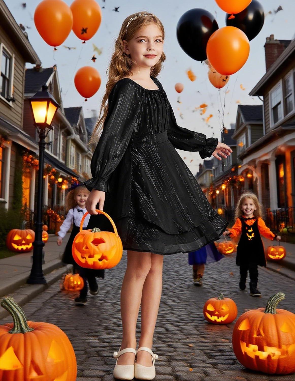 imageGRACE KARIN Girls Fall Dress Long Sleeve Casual Dresses Square Neck Ruffle Tiered Layer Aline Dress 512YBlack