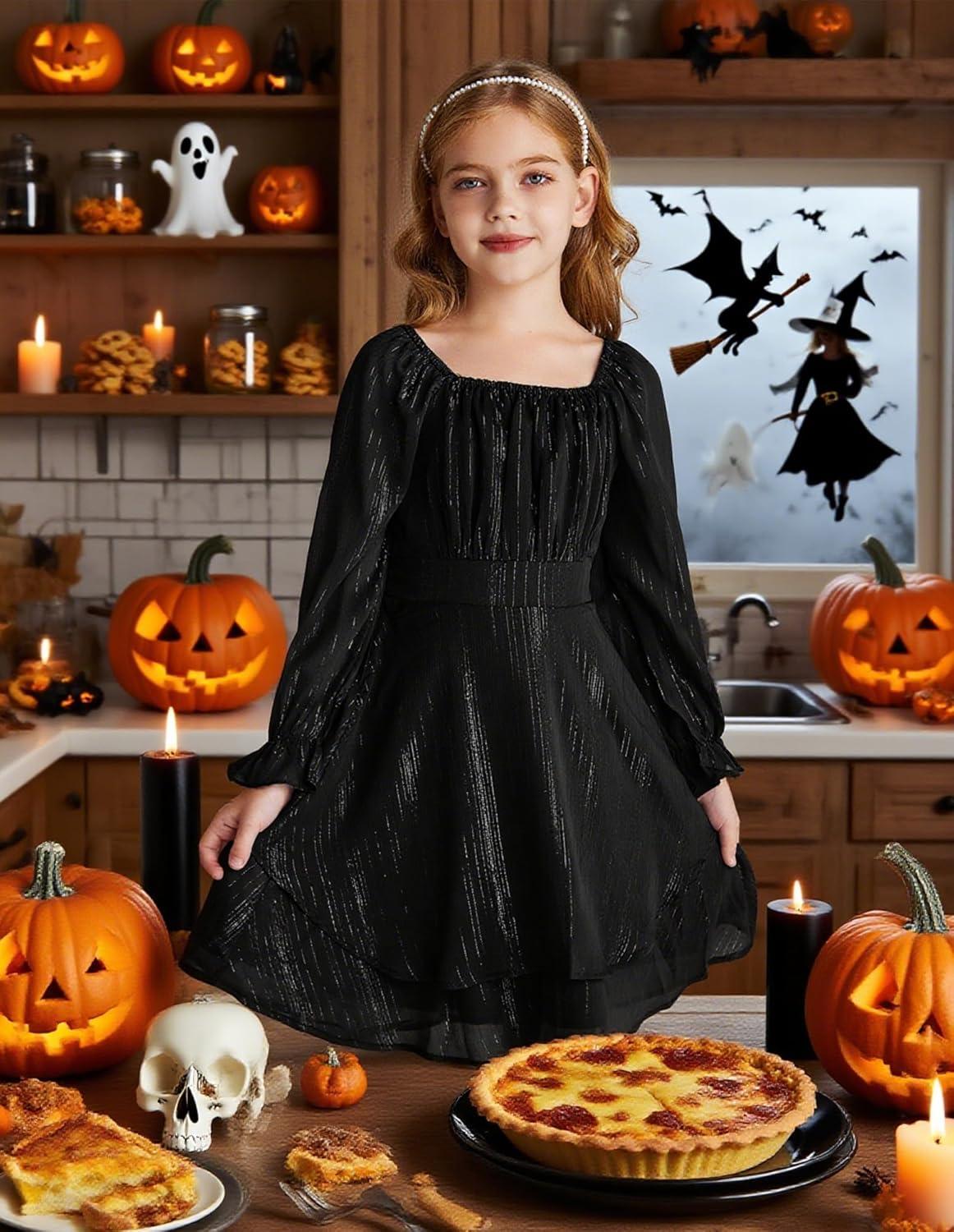 imageGRACE KARIN Girls Fall Dress Long Sleeve Casual Dresses Square Neck Ruffle Tiered Layer Aline Dress 512YBlack