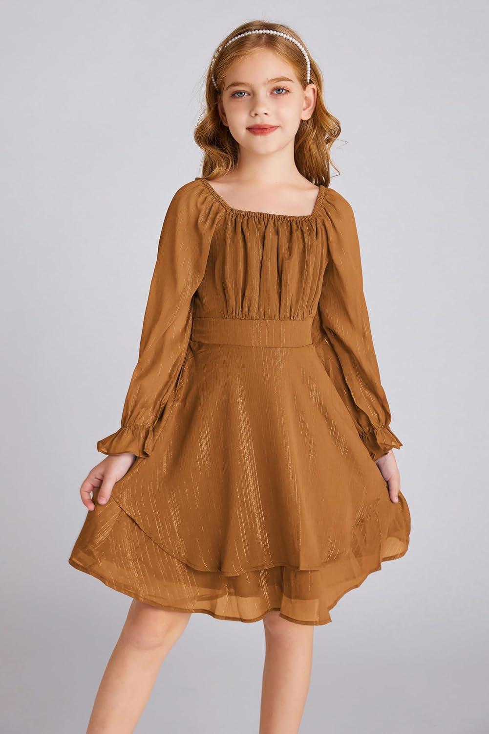 imageGRACE KARIN Girls Fall Dress Long Sleeve Casual Dresses Square Neck Ruffle Tiered Layer Aline Dress 512YBrown