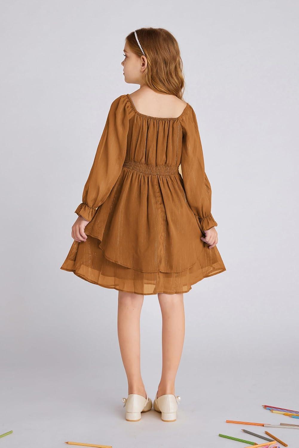 imageGRACE KARIN Girls Fall Dress Long Sleeve Casual Dresses Square Neck Ruffle Tiered Layer Aline Dress 512YBrown