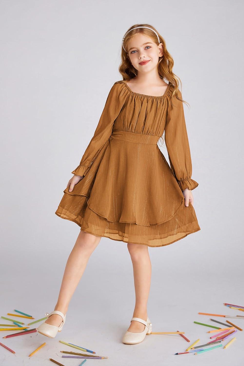 imageGRACE KARIN Girls Fall Dress Long Sleeve Casual Dresses Square Neck Ruffle Tiered Layer Aline Dress 512YBrown