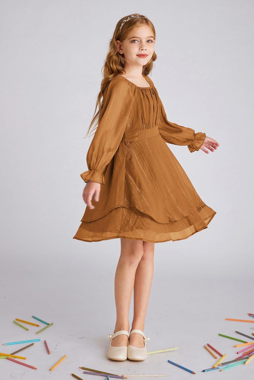 imageGRACE KARIN Girls Fall Dress Long Sleeve Casual Dresses Square Neck Ruffle Tiered Layer Aline Dress 512YBrown