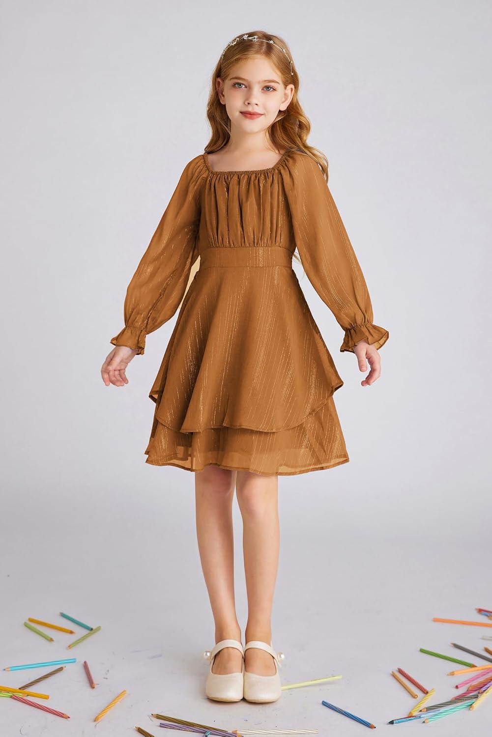 imageGRACE KARIN Girls Fall Dress Long Sleeve Casual Dresses Square Neck Ruffle Tiered Layer Aline Dress 512YBrown