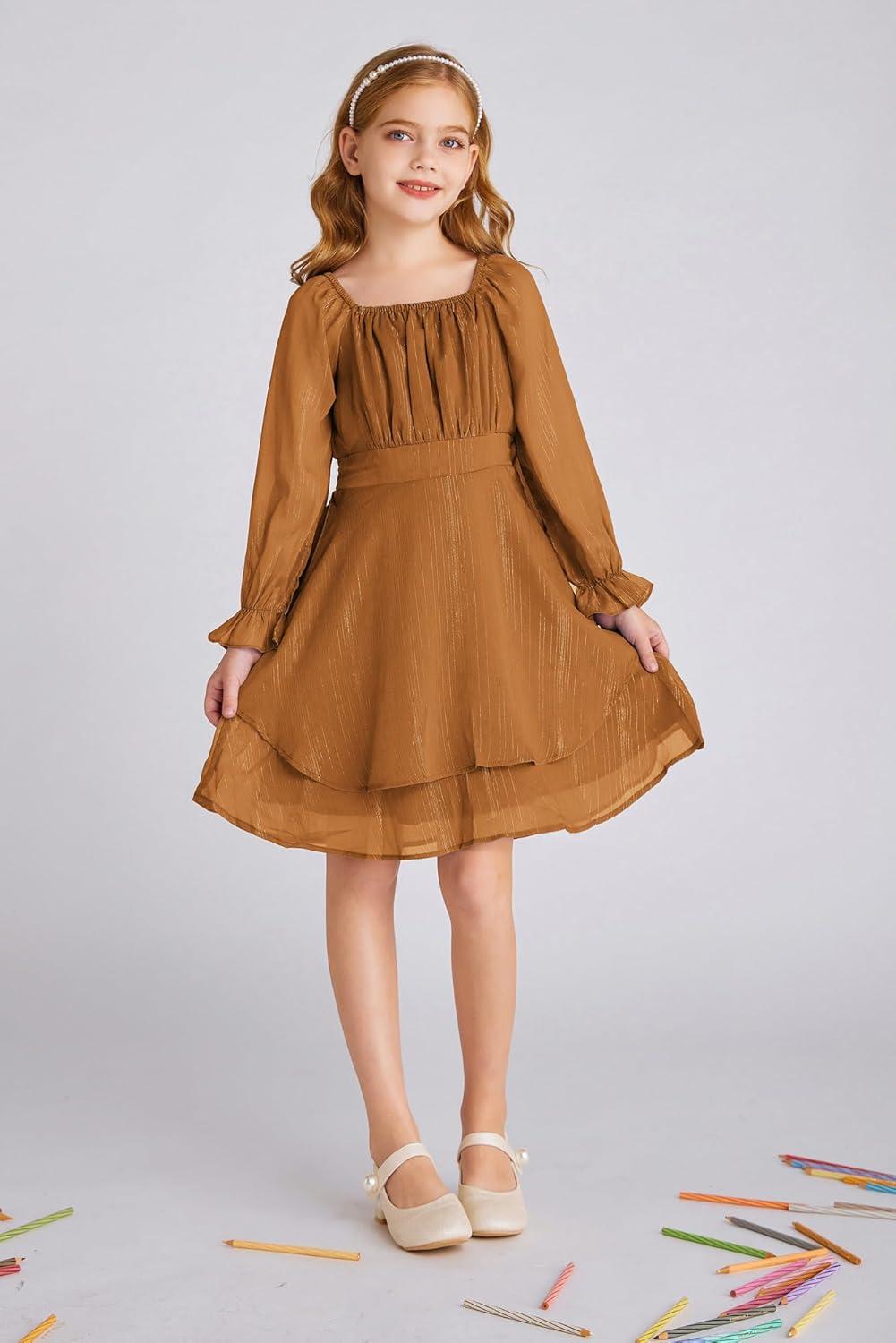 imageGRACE KARIN Girls Fall Dress Long Sleeve Casual Dresses Square Neck Ruffle Tiered Layer Aline Dress 512YBrown