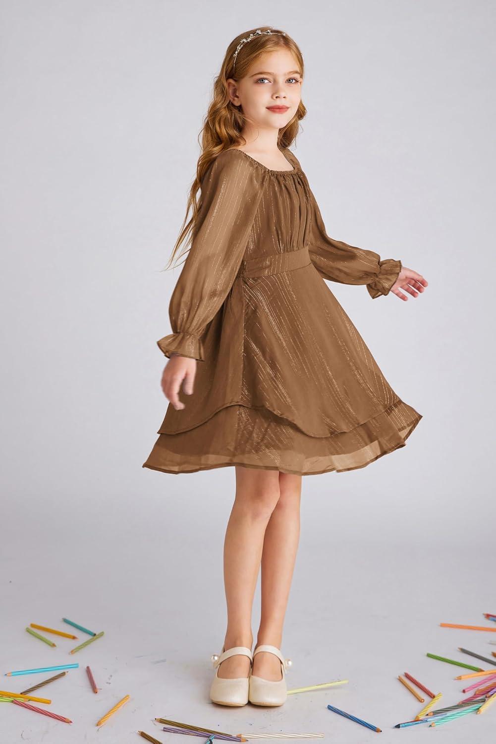 imageGRACE KARIN Girls Fall Dress Long Sleeve Casual Dresses Square Neck Ruffle Tiered Layer Aline Dress 512YBurnt Orange