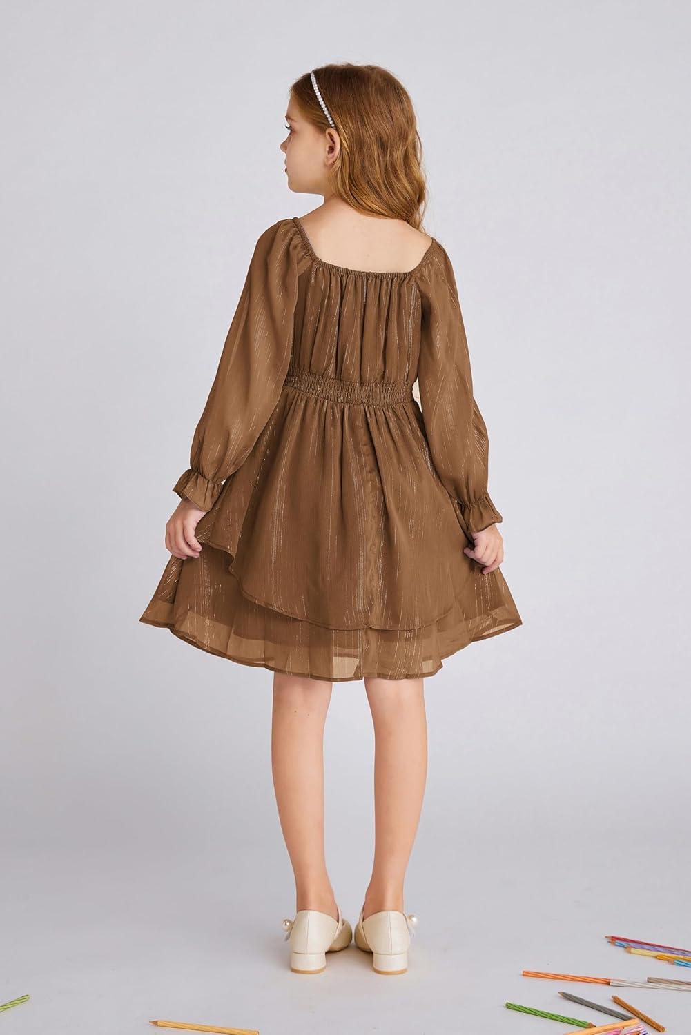 imageGRACE KARIN Girls Fall Dress Long Sleeve Casual Dresses Square Neck Ruffle Tiered Layer Aline Dress 512YBurnt Orange