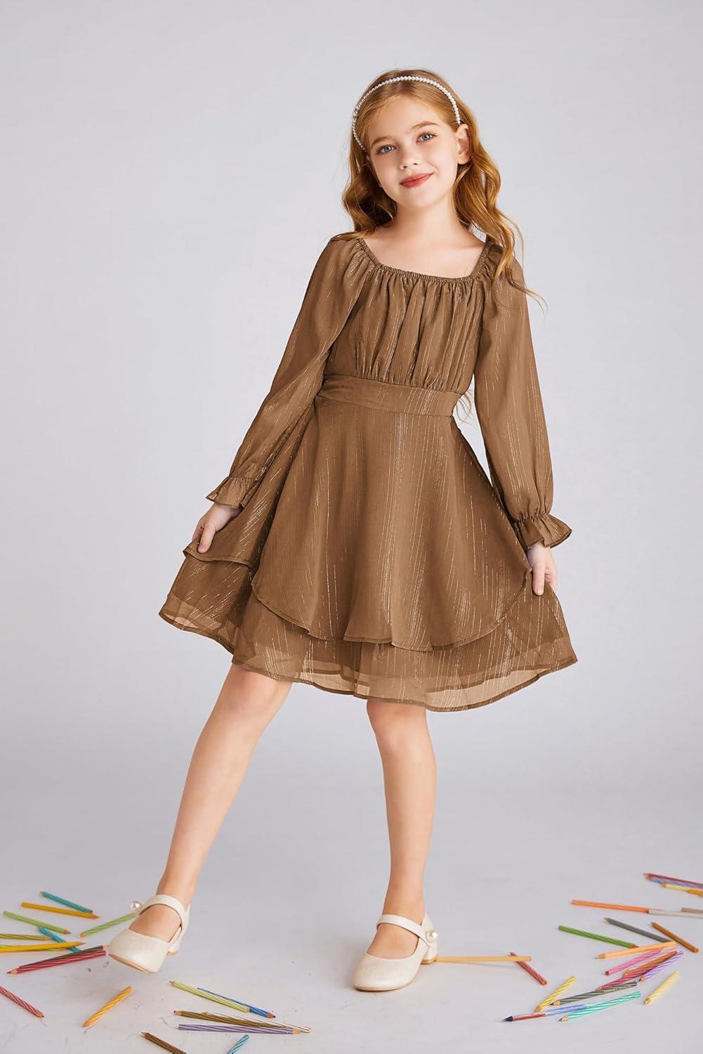 imageGRACE KARIN Girls Fall Dress Long Sleeve Casual Dresses Square Neck Ruffle Tiered Layer Aline Dress 512YBurnt Orange