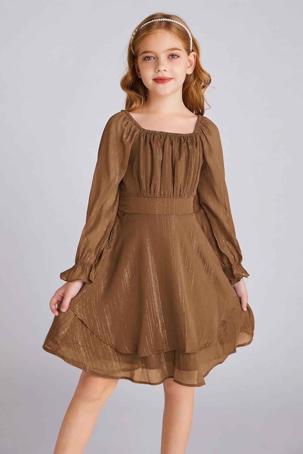imageGRACE KARIN Girls Fall Dress Long Sleeve Casual Dresses Square Neck Ruffle Tiered Layer Aline Dress 512YBurnt Orange