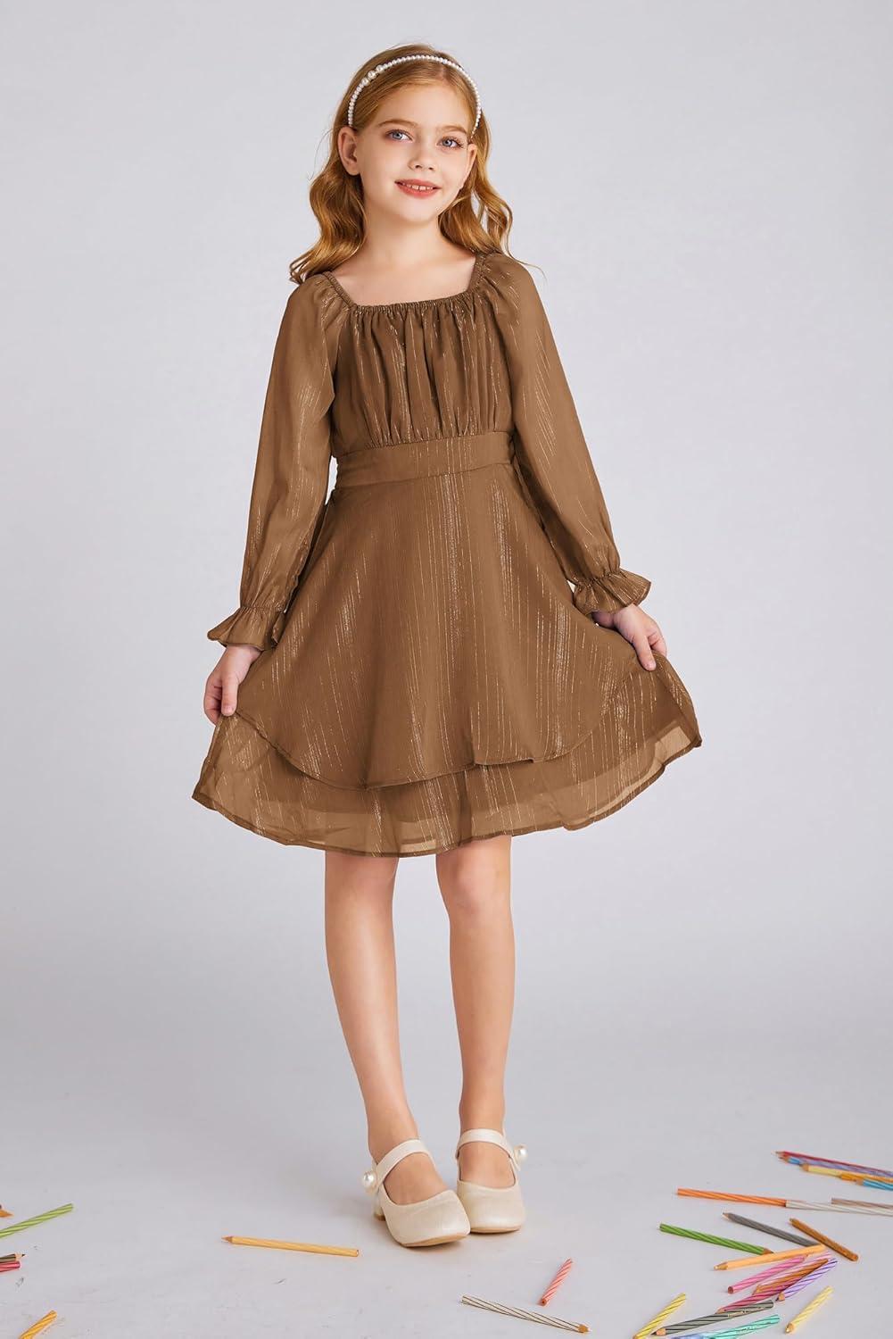 imageGRACE KARIN Girls Fall Dress Long Sleeve Casual Dresses Square Neck Ruffle Tiered Layer Aline Dress 512YBurnt Orange
