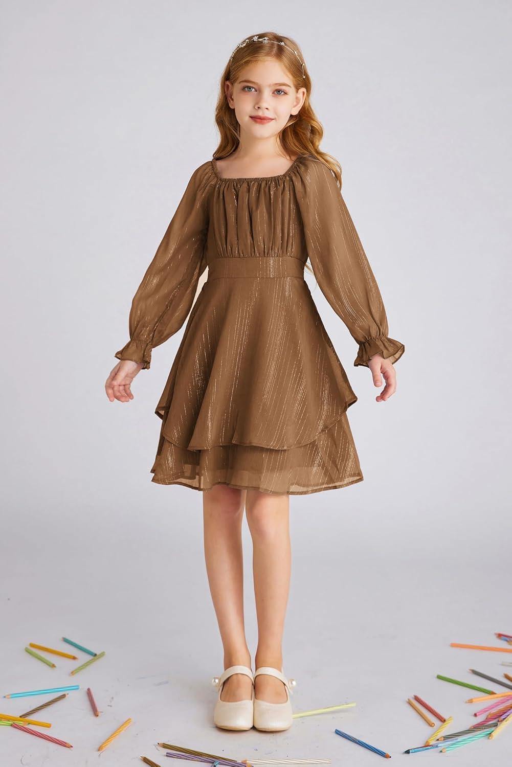 imageGRACE KARIN Girls Fall Dress Long Sleeve Casual Dresses Square Neck Ruffle Tiered Layer Aline Dress 512YBurnt Orange