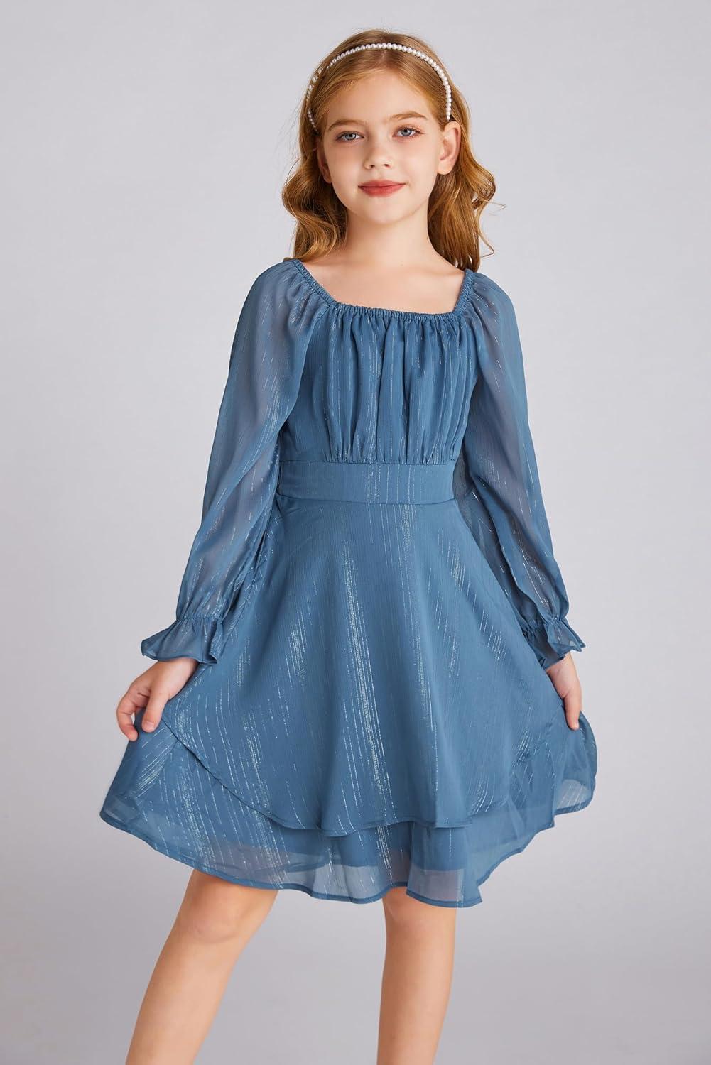 imageGRACE KARIN Girls Fall Dress Long Sleeve Casual Dresses Square Neck Ruffle Tiered Layer Aline Dress 512YDeep Blue