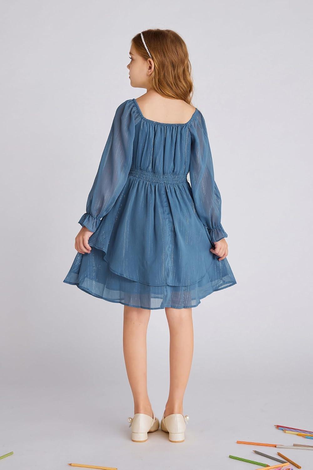 imageGRACE KARIN Girls Fall Dress Long Sleeve Casual Dresses Square Neck Ruffle Tiered Layer Aline Dress 512YDeep Blue
